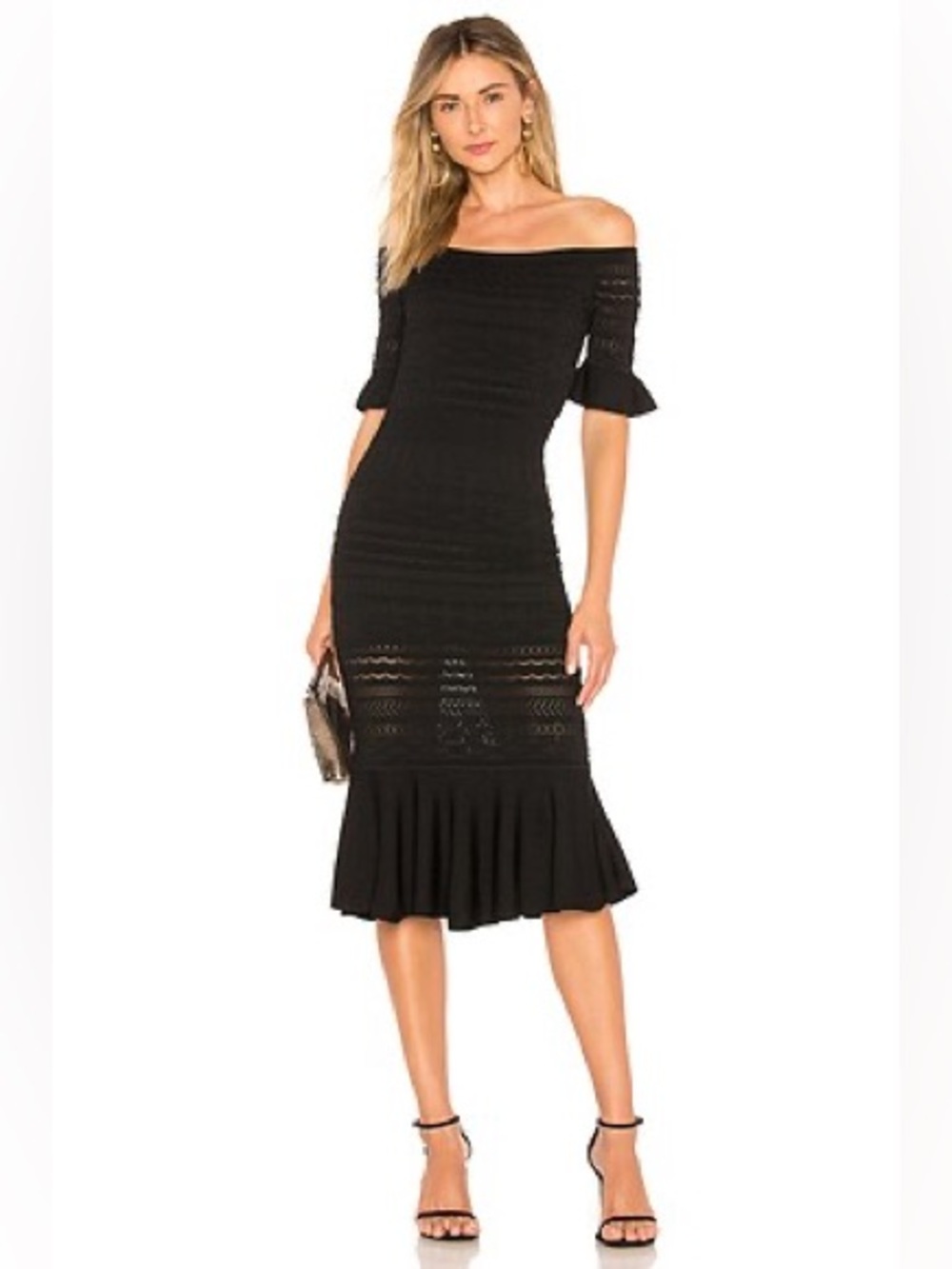 Alexis Sheira Off Shoulder Knit Mermaid Midi Dress Black Small